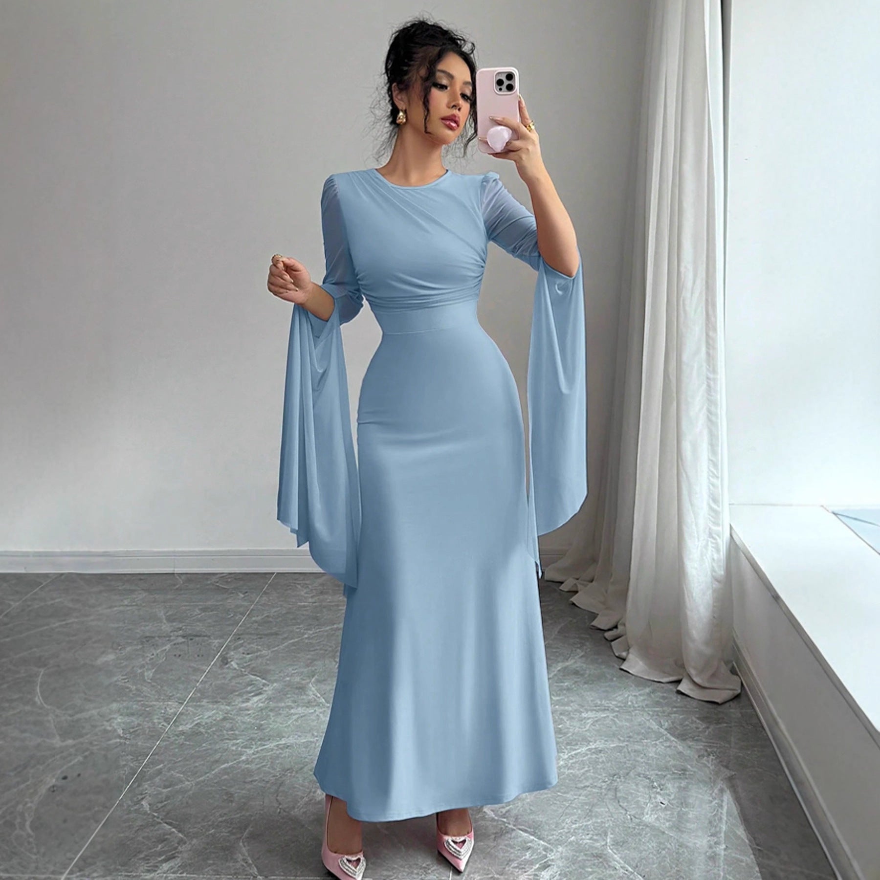 Spring Stitching Mesh Large Swing Sleeves Sexy Slim Fit Fishtail Dress by Ragazza