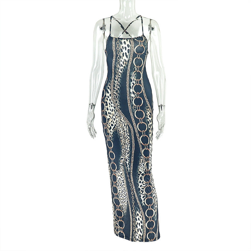 Women Wear Slit Slim Fitting Printed Hip Backless Sling Sleeveless Sleeve Length Dress by Ragazza