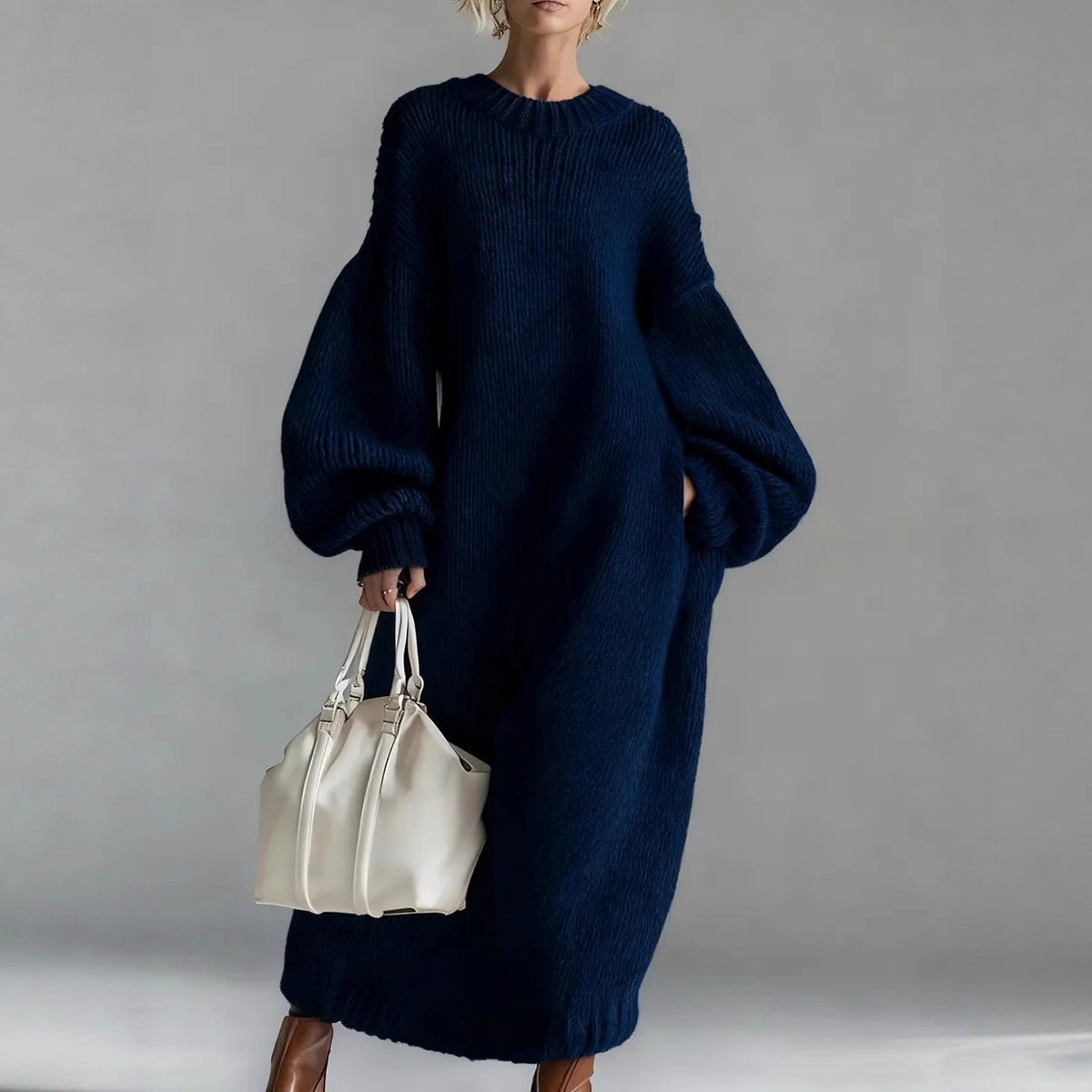 Women Stand Alone round Neck Loose Lantern Sleeve Long Knitted Sweater Dress  DestGlow