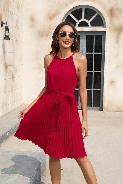 Spring Summer Women Clothing Solid Color Waist Tight Cami Dress Party Party Dress V neck Sleeveless Hem Dress by Ragazza