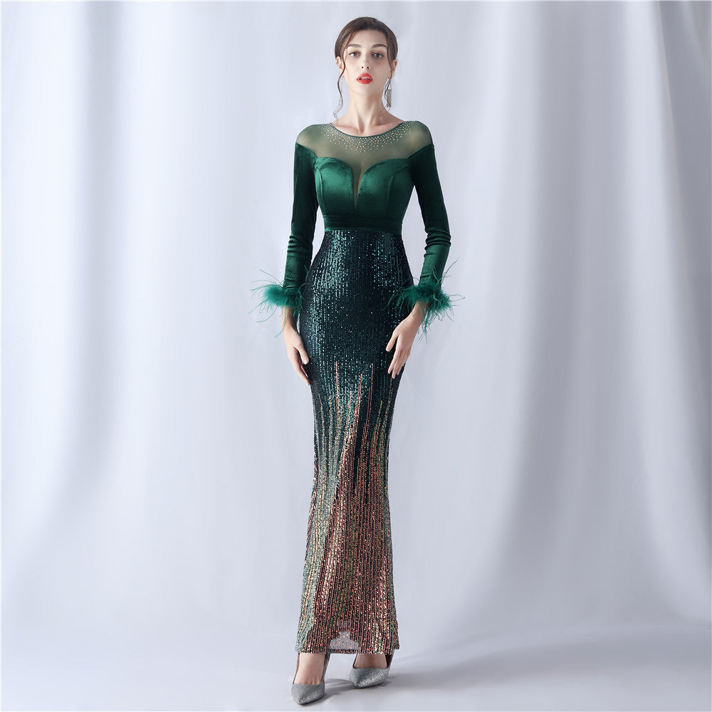 Gradient Bead Drilling Velvet High End Evening Dress by Ragazza