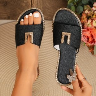 Metal Buckle Flat Slippers Women Lightweight Open Toe Rhinestone Beach Slippers  DestGlow