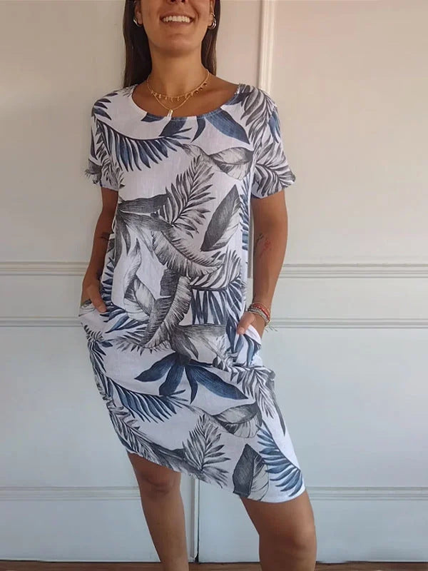 Women Clothing Summer Cotton Linen round Neck Printed with Pocket by Ragazza