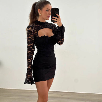 Women lothing Autumn Sexy Lace Hollow Out Cutout out Tight Sheath Dress by Ragazza