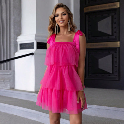 Sexy Women Clothing Lace up Shoulder Layer Hem Mesh Covered Camouflage Dress by Ragazza