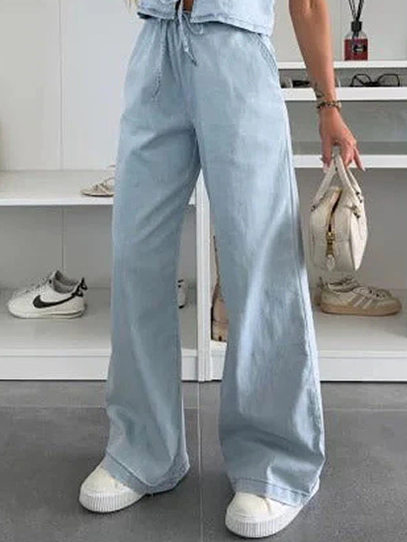 Women Spring Summer Sleeveless Lace up Vest Lace up Wide Leg Jeans Denim Set by Ragazza
