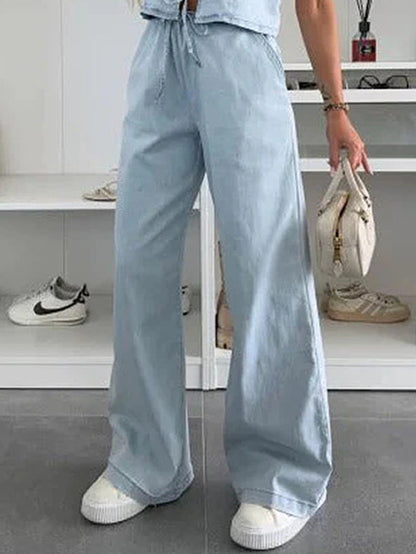 Women Spring Summer Sleeveless Lace up Vest Lace up Wide Leg Jeans Denim Set by Ragazza