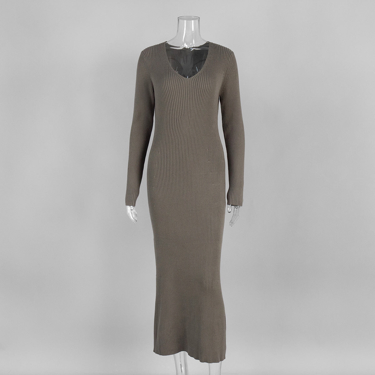 Solid Color Long Sleeve Dress Women Autumn Winter Elegant V neck Slim Hip Knitwear Dress by Ragazza