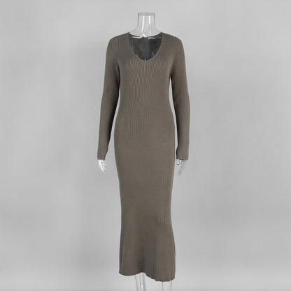 Solid Color Long Sleeve Dress Women Autumn Winter Elegant V neck Slim Hip Knitwear Dress by Ragazza