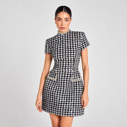Elegant Slim Fit Slimming round Neck Beaded Plaid Classic Mini Dress Women by Ragazza