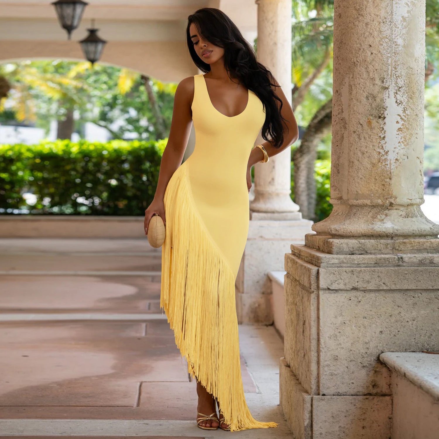 Women Sexy Strap Backless Tassel Stitching U Neck Dress  DestGlow
