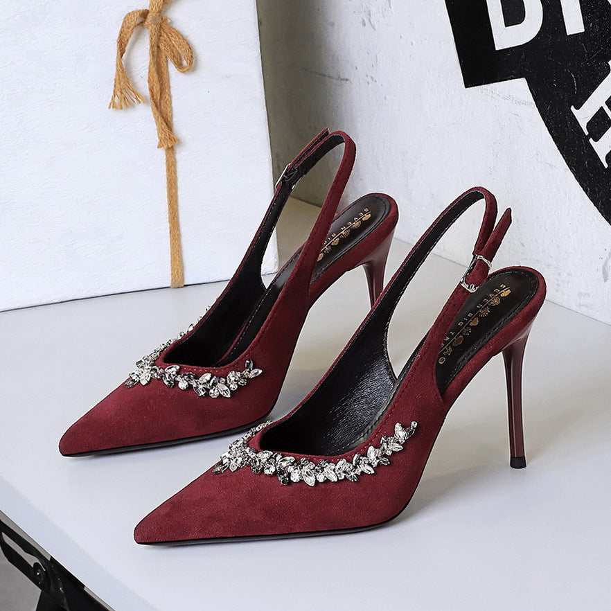 Cocktail High Heels Stiletto Heel Pointed Toe Rhinestone Shallow Mouth Suede Back Empty Back Strap Super High Heel Shoes  DestGlow