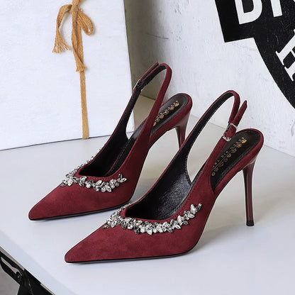 Cocktail High Heels Stiletto Heel Pointed Toe Rhinestone Shallow Mouth Suede Back Empty Back Strap Super High Heel Shoes  DestGlow