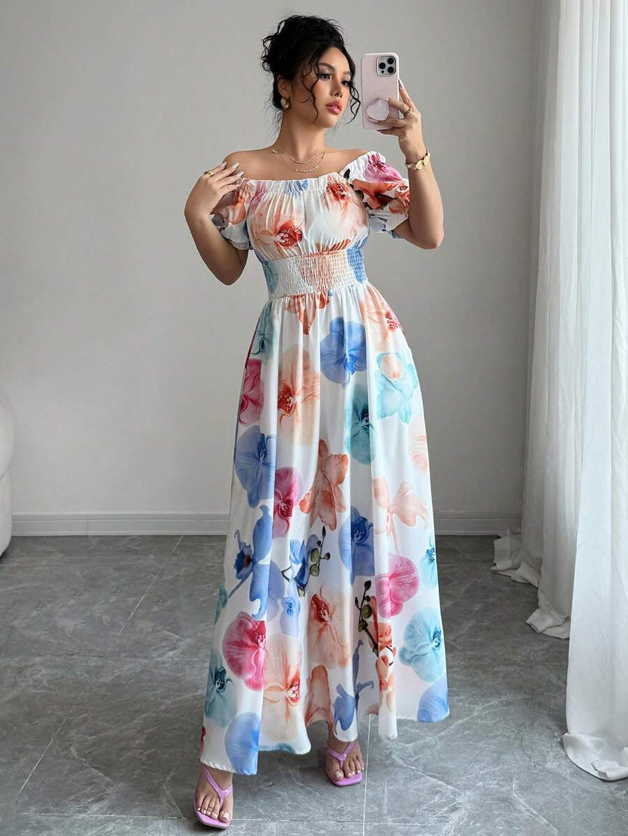 Summer Bubble Sleeve High Waist Tight Waist Women Printed Wear Large Swing Sling Dress by Ragazza
