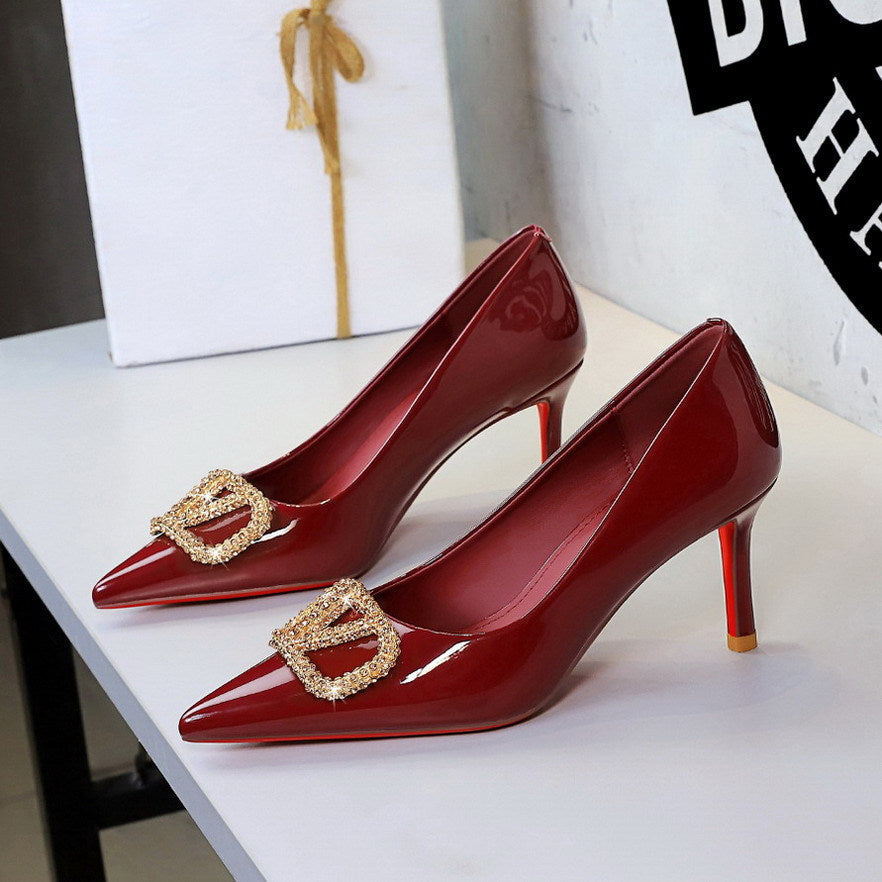 Sexy Red Background Gold Rhinestone V Buckle Pointed High Grade Patent Leather Stilettos Pumps Women  DestGlow