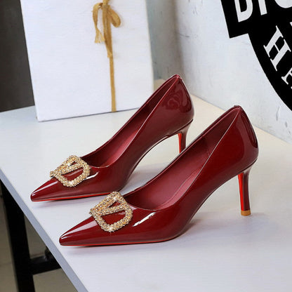 Sexy Red Background Gold Rhinestone V Buckle Pointed High Grade Patent Leather Stilettos Pumps Women  DestGlow