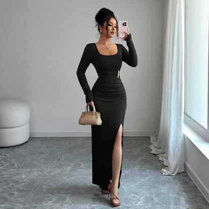Spring U Collar Solid Color Slim Fit Slimming Knitted Long Sleeve Split Dress by Ragazza