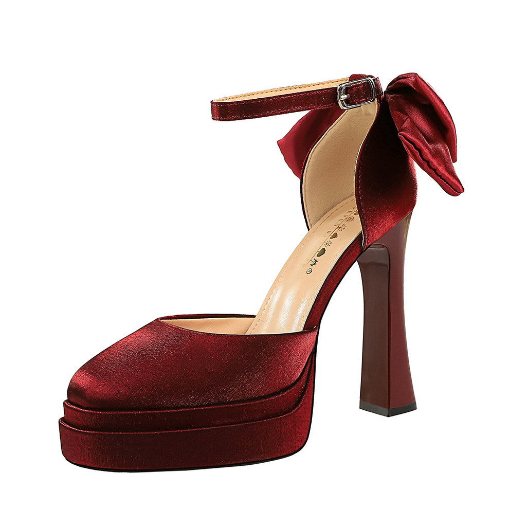 French Hollow Out Cutout Double Layer Waterproof Platform Heightened Ultra High Heel Chunky Heel Back Bow Buckle Sandals  DestGlow