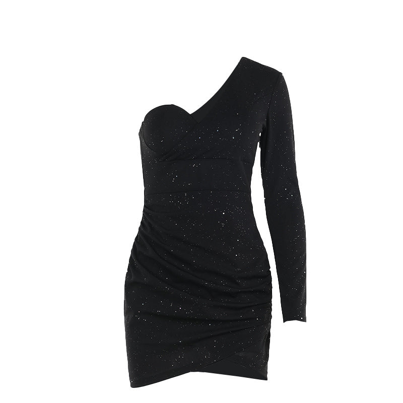 Autumn Sexy One Shoulder Long Sleeve Pleated Thin Glittering Sheath Dress Women by Ragazza