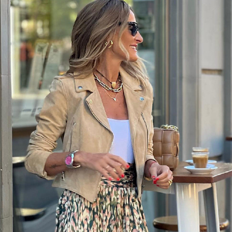 Women Clothing Suede Motorcycle Jacket Printed Pleated Skirt Retro Handsome Slimming Two Piece Sets by Ragazza