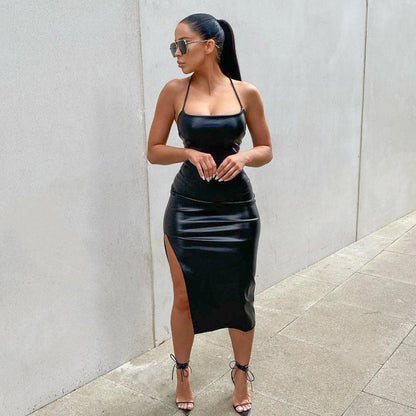 Arrival Faux Leather Night Club Sexy Backless Lace up Solid Color Personalized Split Sling Dress by Ragazza