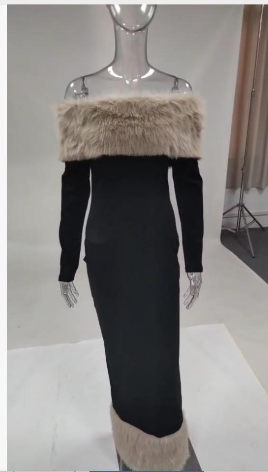 Women Clothing Autumn Winter Fur Collar off Neck Long Sleeve Slim Fit Evening Dress by Ragazza