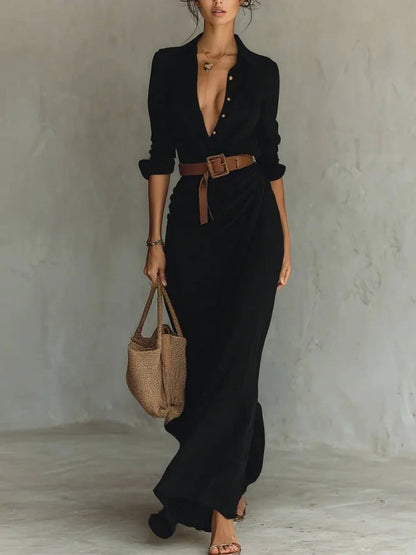 Women Clothing Autumn Elegant Graceful Sexy Solid Color Irregular Asymmetric Pleated Dress with Belt by Ragazza