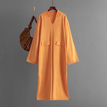 Autumn Winter V neck Solid Color Casual Loose Knitted Dress Split Long Sleeve Long Dress  DestGlow