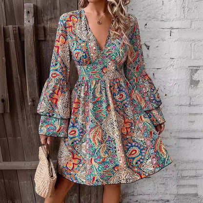 Autumn Winter Elegant Women Floral Print V neck Flare Sleeve Dress by Ragazza