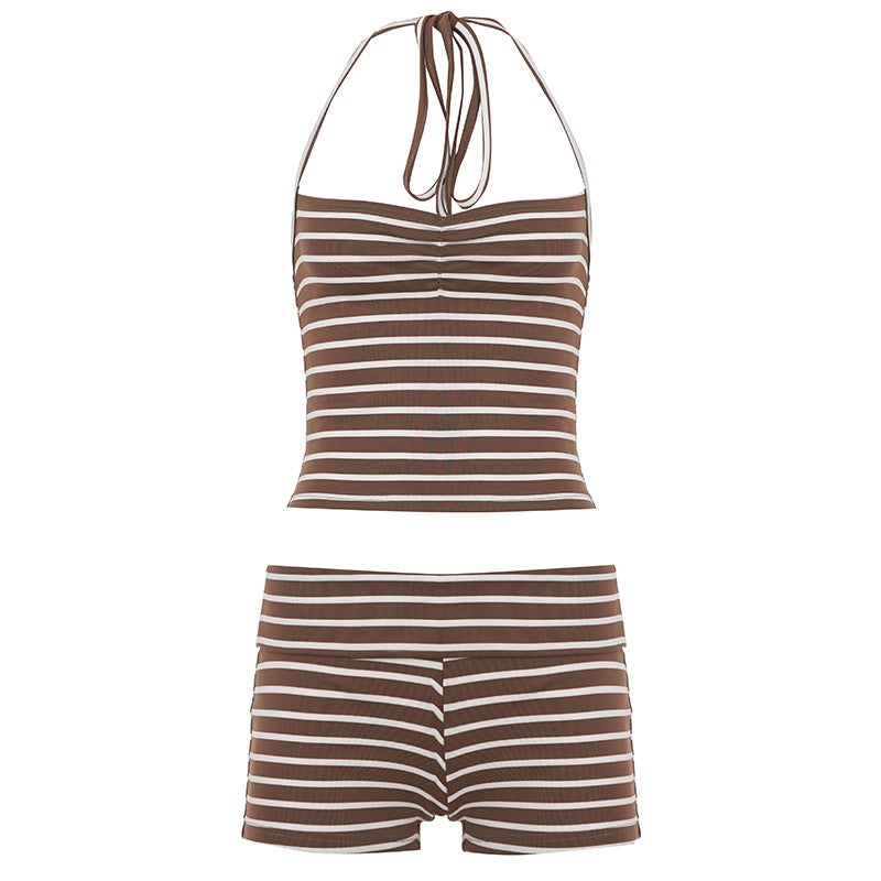Striped Homewear Halter Chest Pleated Vest Waist Shorts Sports Casual Two Piece Sets by Ragazza