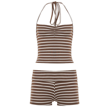 Striped Homewear Halter Chest Pleated Vest Waist Shorts Sports Casual Two Piece Sets by Ragazza