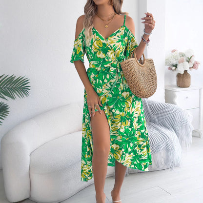 Spring Summer Strapless Cross V neck Floral Strap Dress Holiday Dress Women Clothing by Ragazza