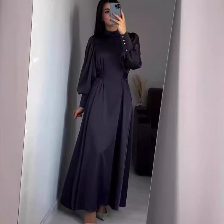 Autumn Waist Solid Color Long Sleeve Slim Fit Belt Retro Dress by Ragazza