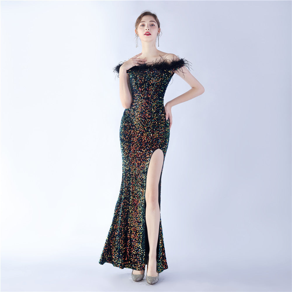 Velvet Bottom Sequin Craft Order Ostrich Hair off-Shoulder High End Evening Dress by Ragazza