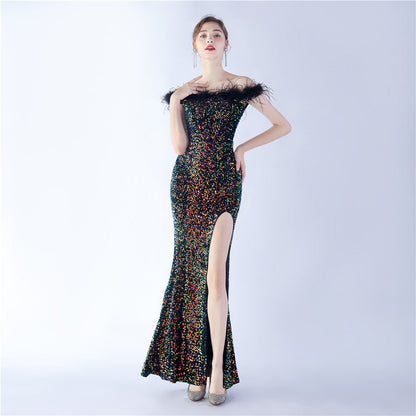 Velvet Bottom Sequin Craft Order Ostrich Hair off-Shoulder High End Evening Dress by Ragazza
