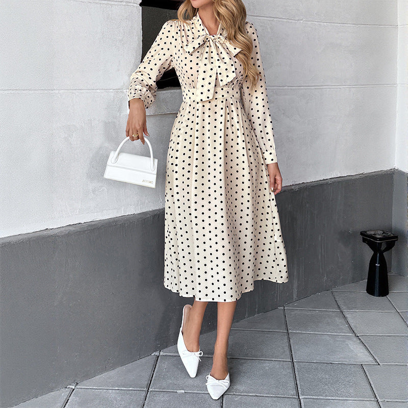 Autumn Elegant Retro Bow Collar Long Sleeve Fitted Waist Polka Dots Dress by Ragazza