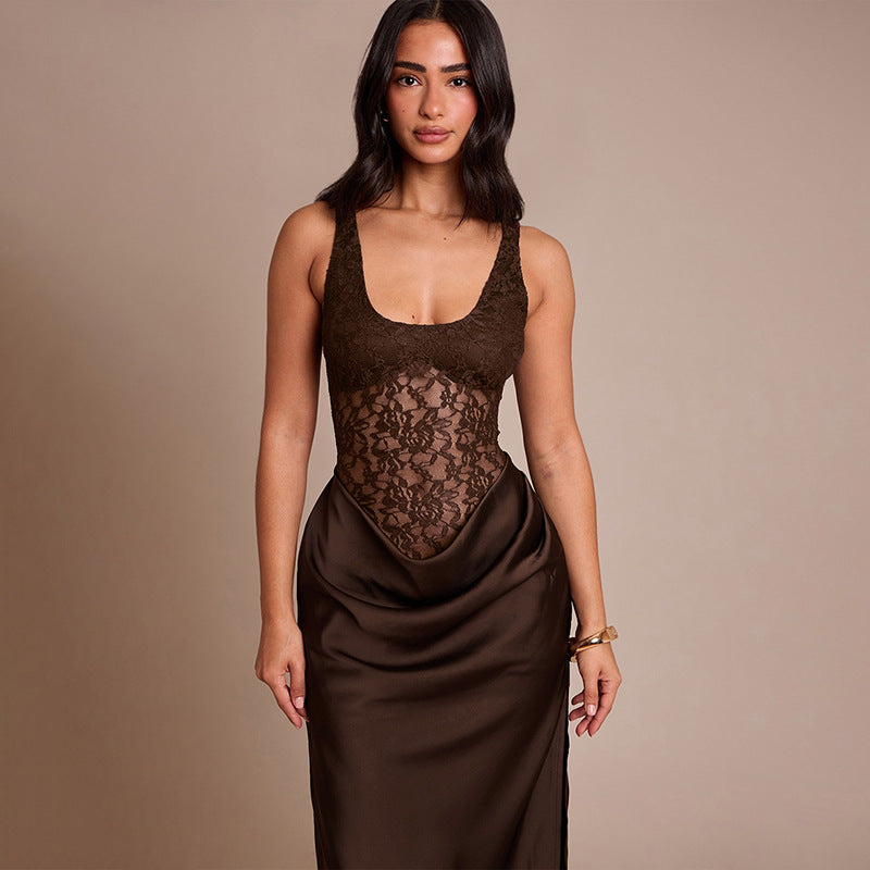 Women Clothing Autumn Winter Sexy Sleeveless Vest Lace Stitching Side Slit Dress for Women by Ragazza