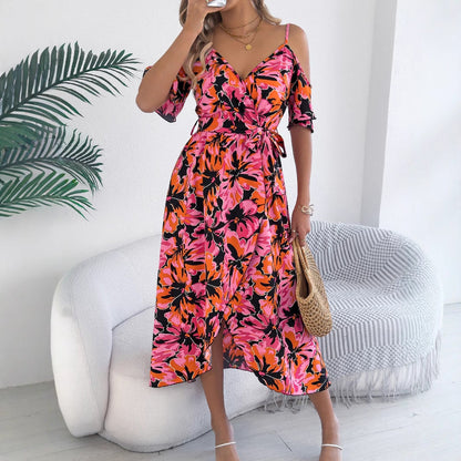 Spring Summer Strapless Cross V neck Floral Strap Dress Holiday Dress Women Clothing by Ragazza