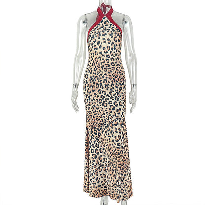 Leopard Print Women Printed Slim Fitting Patchwork Hip Dress Hanging Collar Sleeveless Elegant Street Dress by Ragazza
