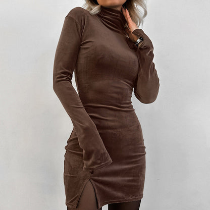 Sexy Slim Fit Silver Fox Velvet Sheath Turtleneck Solid Color Dress Autumn by Ragazza