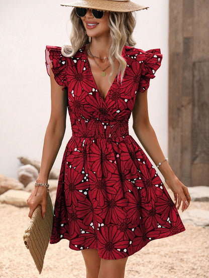 Women Clothing Summer V neck Tight Waist Sexy Large Floral Ruffled Sleeveless Dress by Ragazza