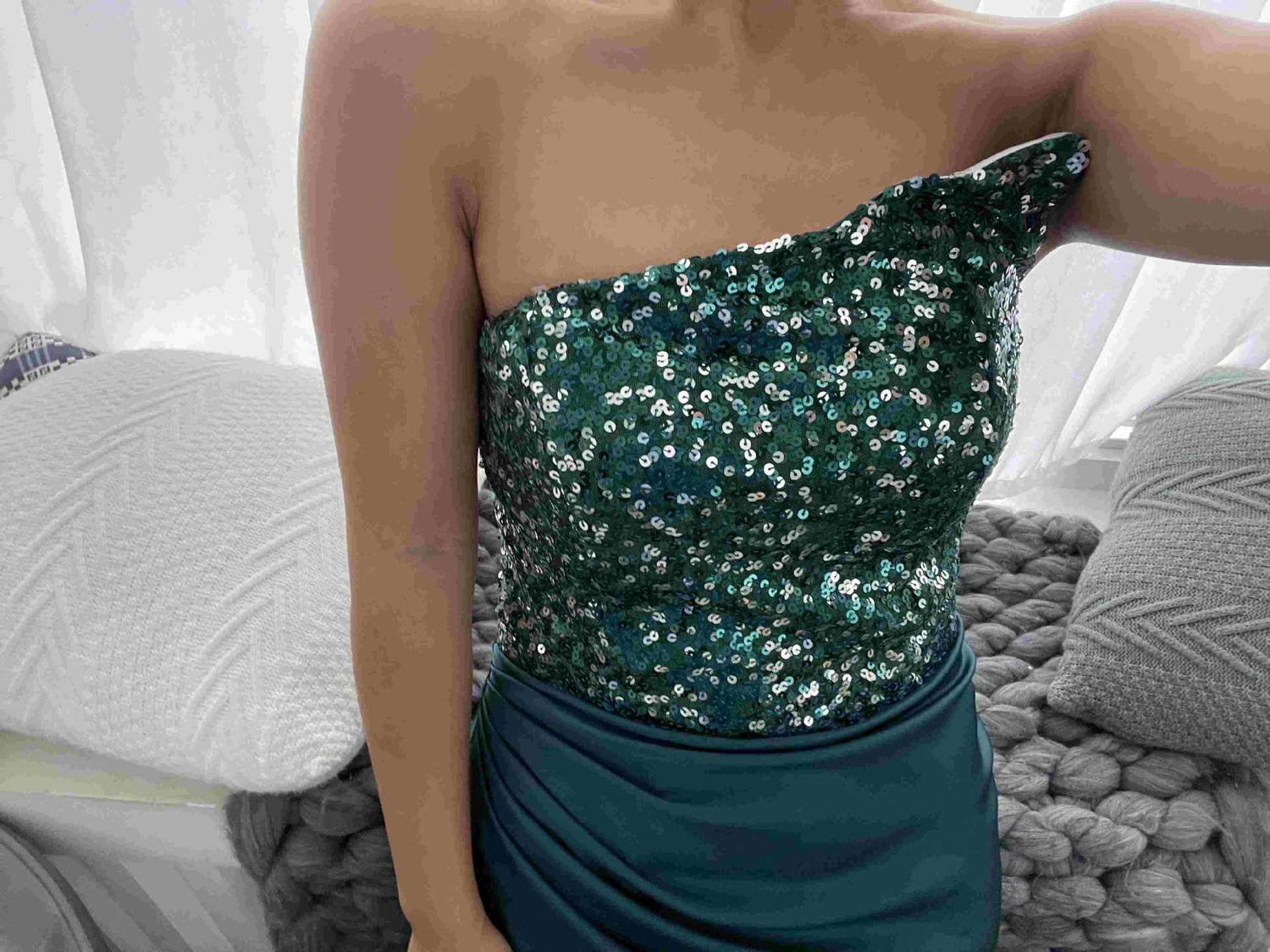 Green Sequined Fairy Wedding Long Long Sleeve One-Piece Mid-Length Evening Dress by Ragazza