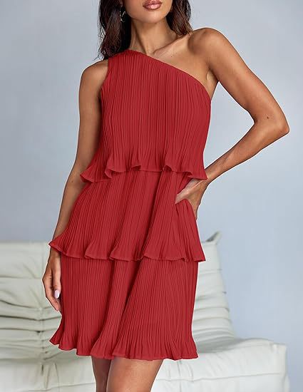 Spring Summer Women Clothing Oblique Shoulder Layered Stitching Hem Solid Color Dress Women by Ragazza
