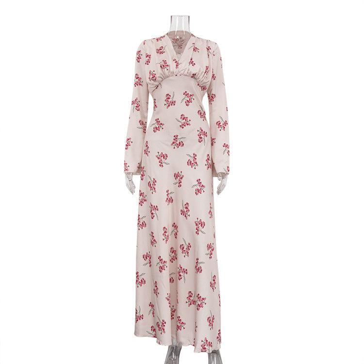 Women Clothing Spring Autumn Elegant Printed Satin Dress V neck Long Sleeve Lace up High Grade Dress by Ragazza