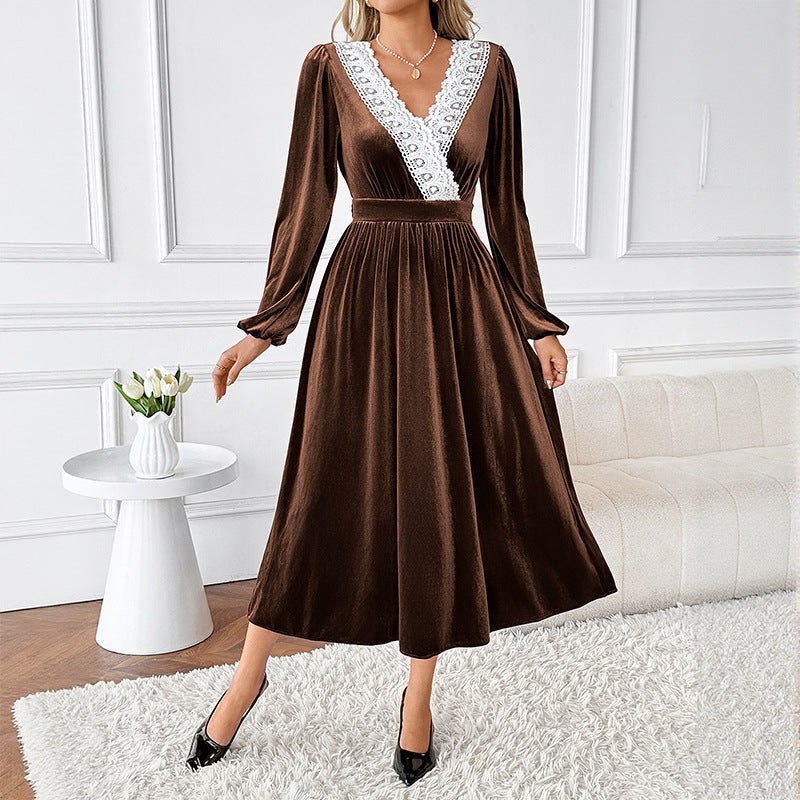 Autumn Winter Maxi Dress Stitching Lace V neck Long Sleeve Velvet Dress Women by Ragazza