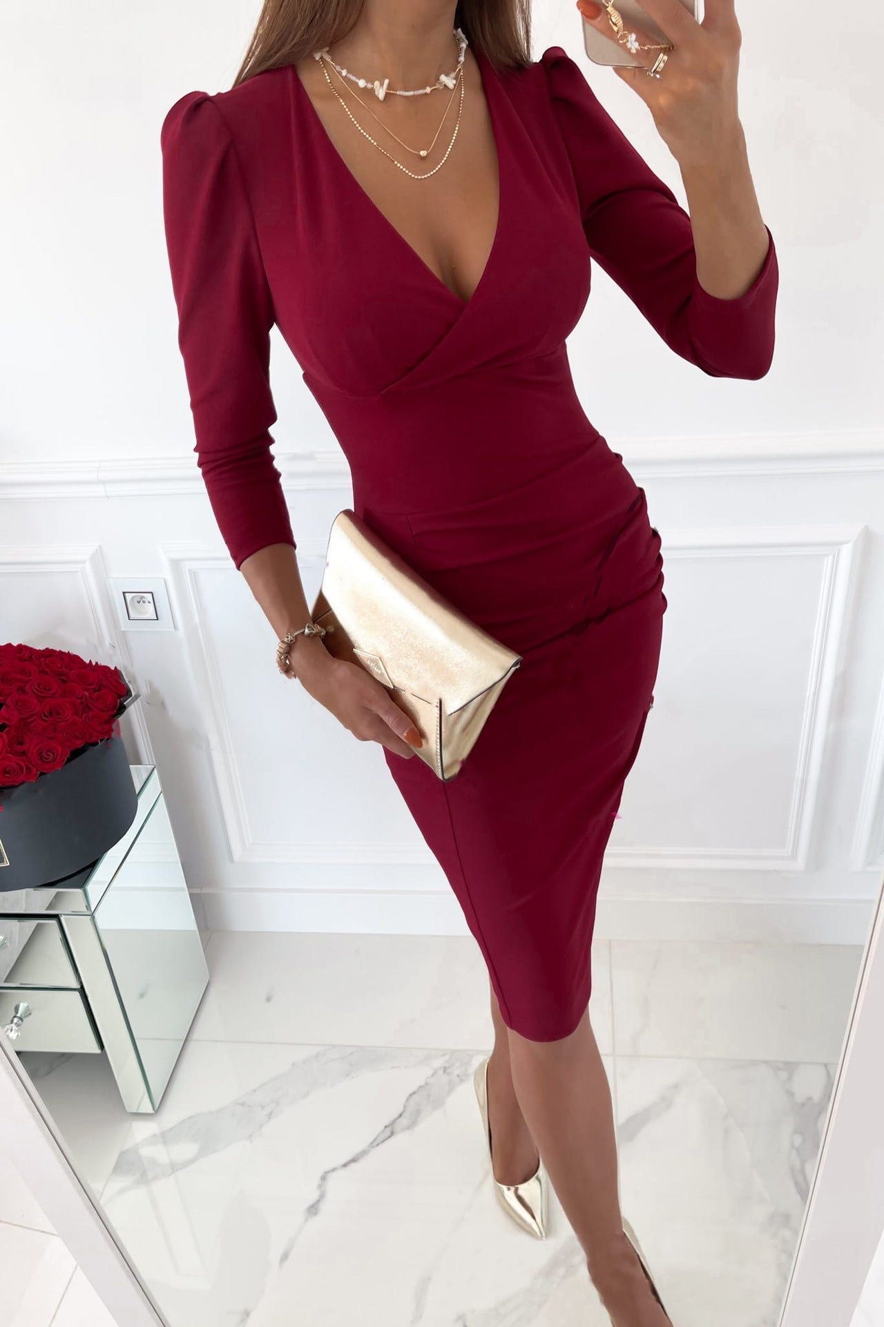Fall Winter V neck Sexy Waist Dress for Women by Ragazza
