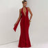 Lace Pleated Maxi Dress Women Sexy Deep V Plunge neck Backless Sheath Dress by Ragazza