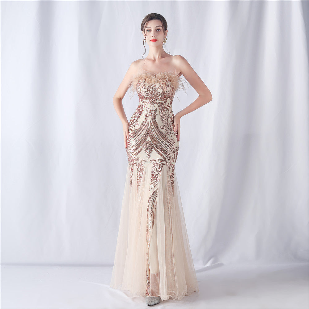 Ostrich Feather Positioning Floral Cutting Wedding Annual Meeting Tube Top Sequin Gauze Evening Dress by Ragazza