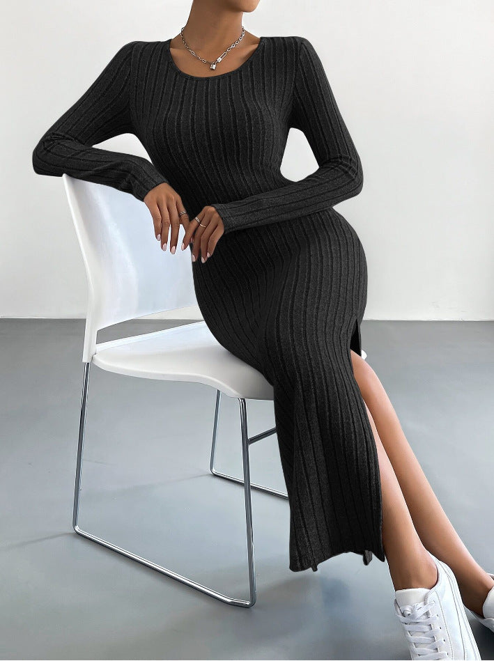 Autumn Winter Long Sleeve Crew Neck Split Knitted Maxi Dress Women by Ragazza