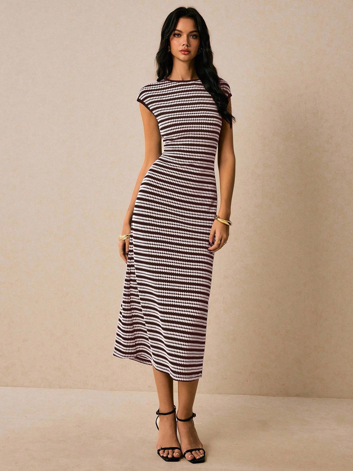 Casual Multicolor Striped Waist round Neck Short Sleeve Long Pattern Women Dress  DestGlow